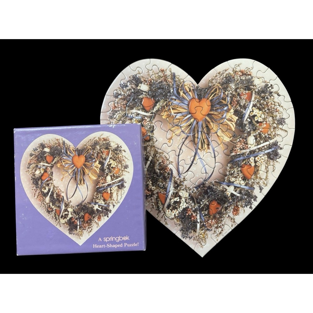 Vintage Springbok Mini Jigsaw Puzzle ~ Heart Shape Wreath ~ Cottagecore